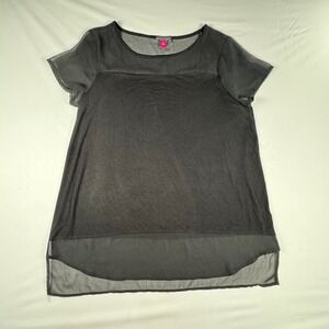 Vince Camuto Womens Black Mixed Media Sheer Panel High Low Blouse Top Medium‎